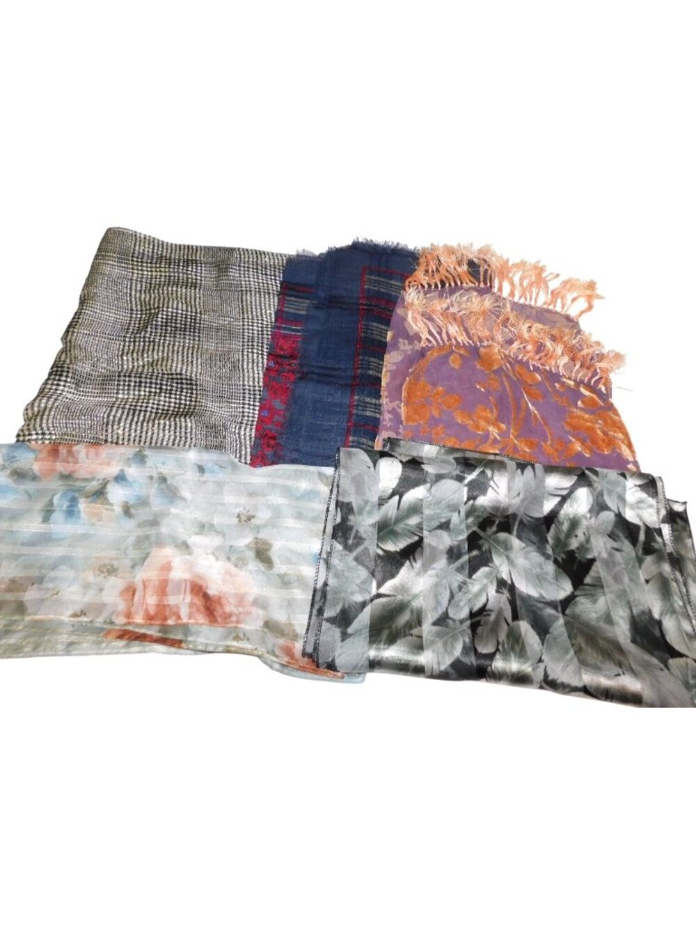 Assorted Womens Scarves Lot Of 5 Floral Plaid Designs Fringe Burnout 52" 64"